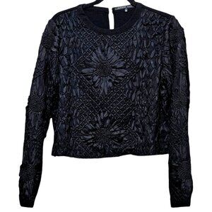 Black Endless Rose Long Sleeve Floral Textured Top L Polyester/Cotton Blend Wome